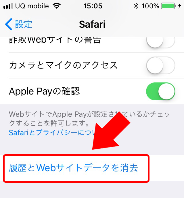 「履歴とWebサイトデータを消去」をタップ