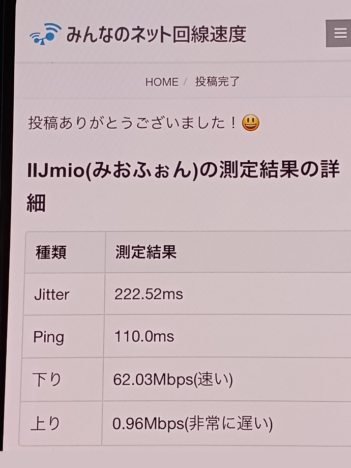 IIJmio利用者の速度計測2回目の結果画面