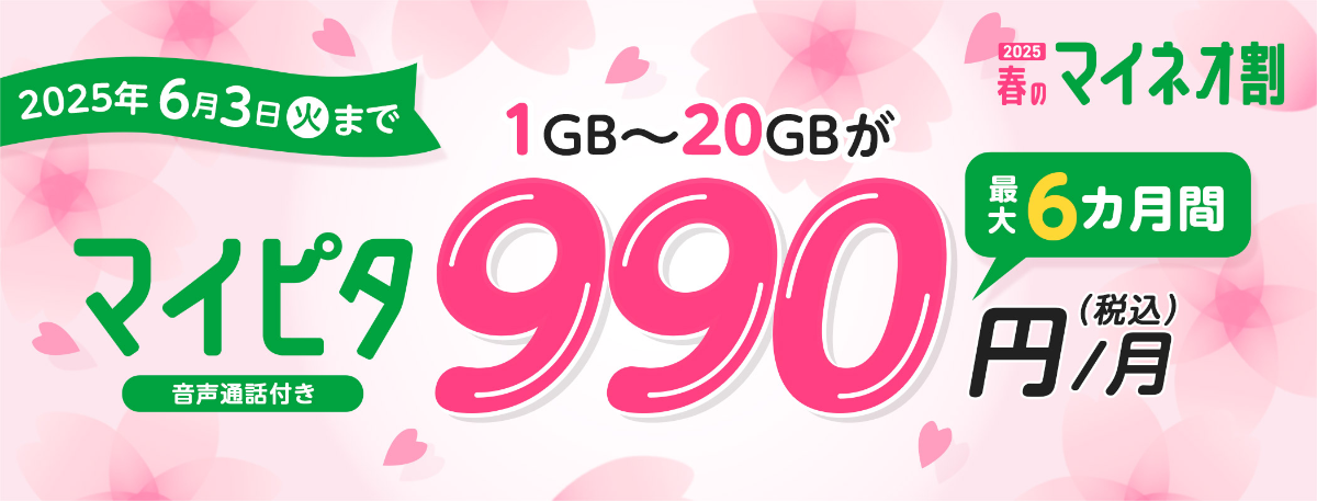 mineo｜マイピタ1～20GB最大6カ月間990円キャンペーン