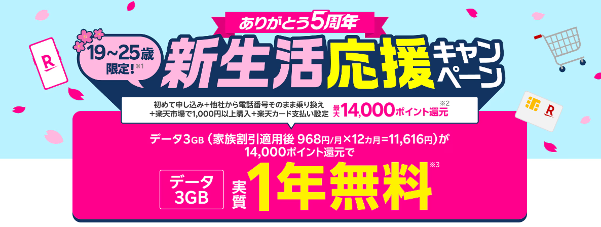 楽天モバイルの「スマホ料金見直すなら今！乗り換えも、最新スマホも！新生活応援キャンペーン」